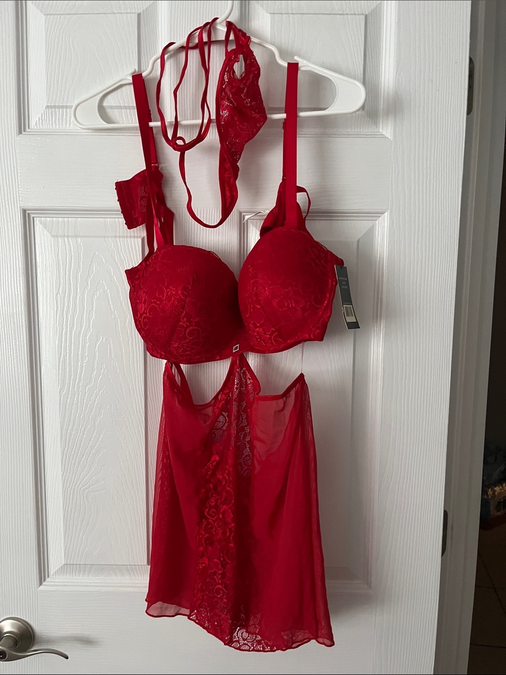 Red Lace Push-Up Babydoll Chemise with Matching Thong